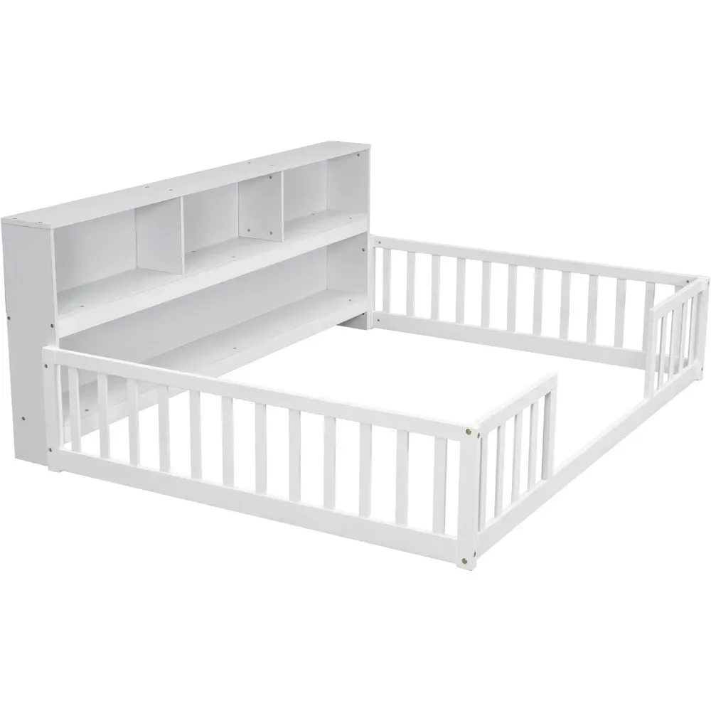 Full Montessori Floor Bed with Bedside Bookcase & Shelves, Full Size Floor Bed W/Safety Guardrails, No Box Spring Needed 6