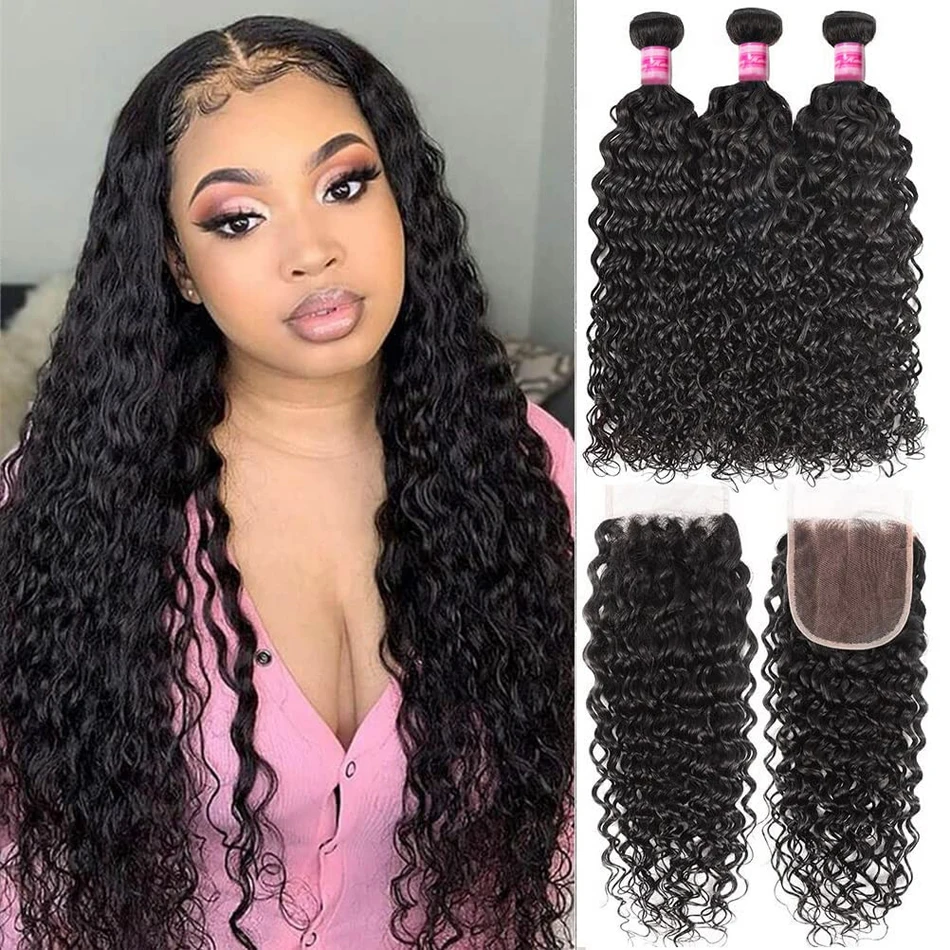 

Water Wave Bundles With Closure Wet and Wavy Raw 12A Mogolian Human Hair Bundles With Remy Hair Weave 3Bundles With 13X4 Frontal