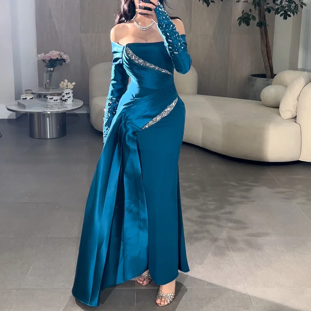 Mesprit Blue Evening Dress Beads Long Sleeves Boat Neck Pleat Ankle Length Mermaid Formal Party Gown Custom Prom Dresses