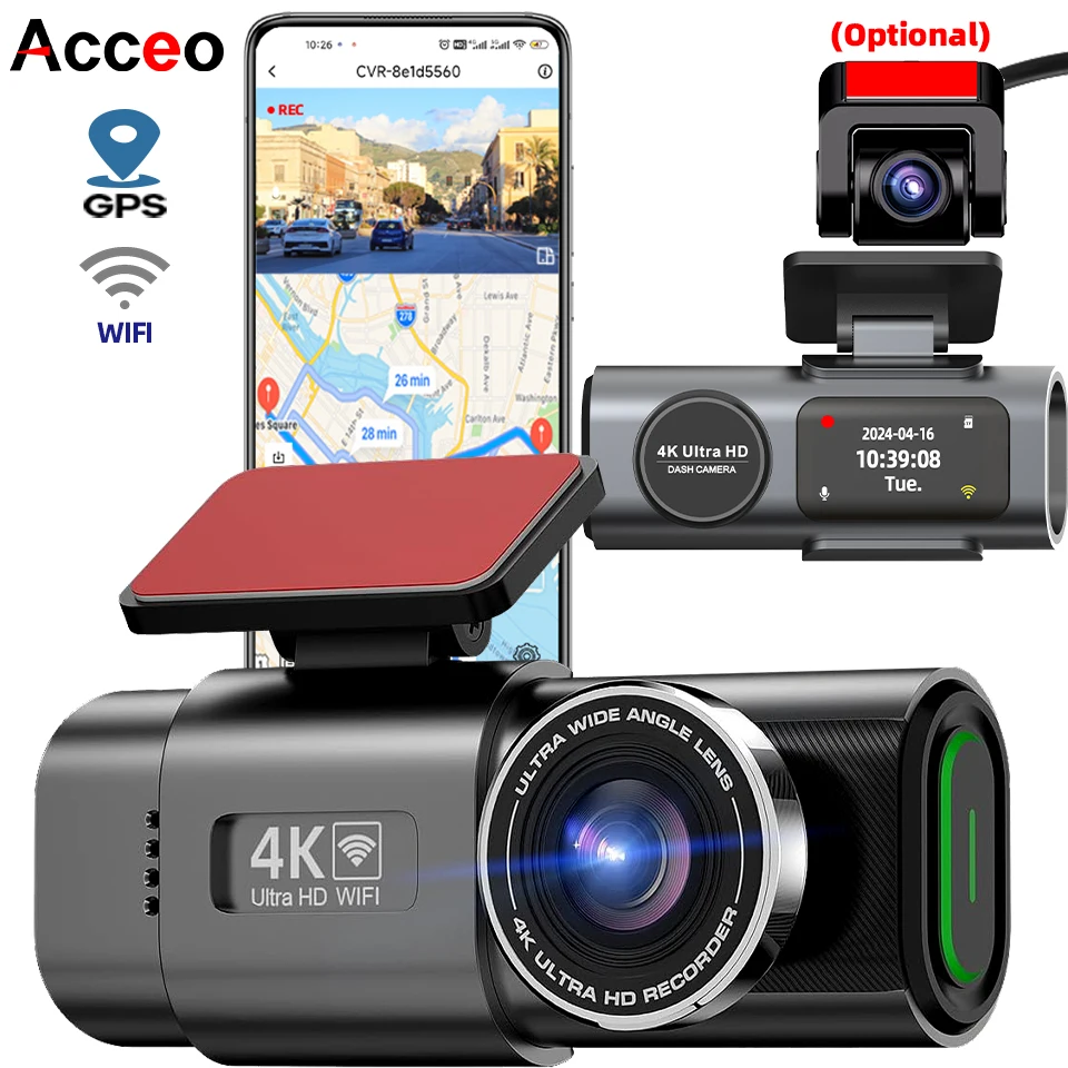 داش كام عدسة مزدوجة 4K UHD تسجيل كاميرا سيارة DVR...