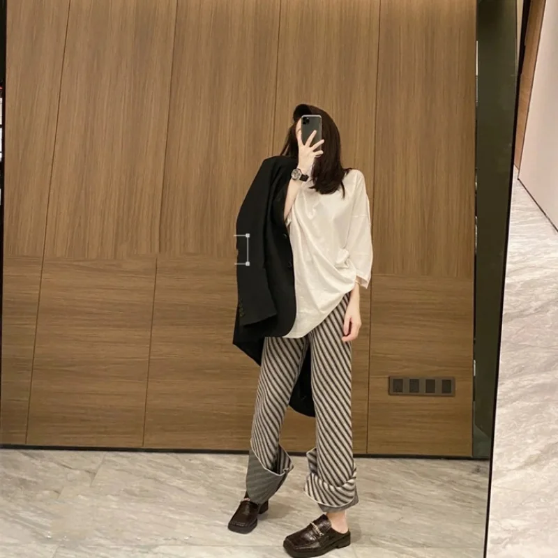 Inner Slit Slightly Flared Wide-Leg Pants ~ Wool Blended High Waist Striped Slimming Thick Knitted Trousers for Women