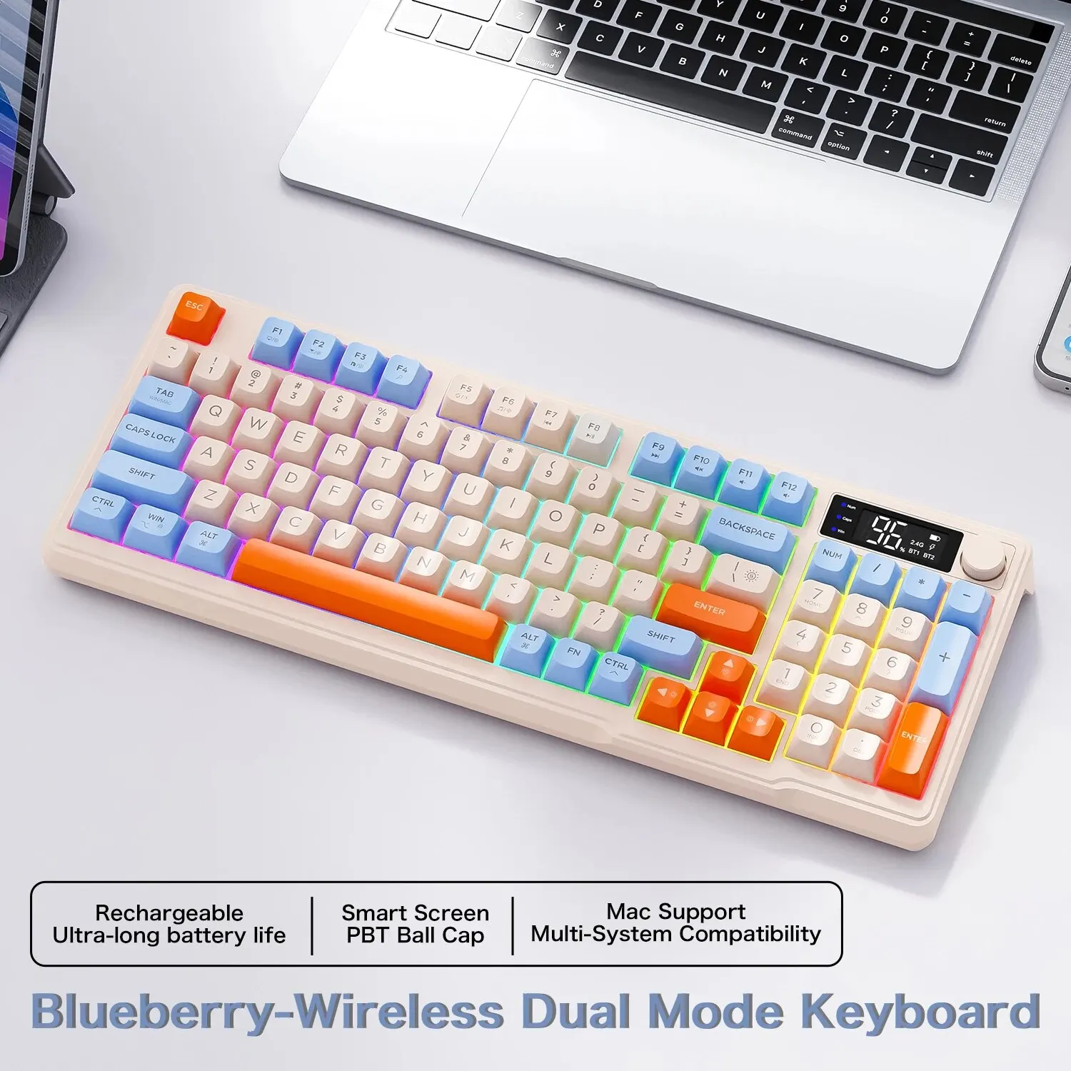 FreeWolf M96 Wireless Gaming Keyboard w/Screen, Bluetooth Dual-Mode, Multi-Device, Ergonomic 1