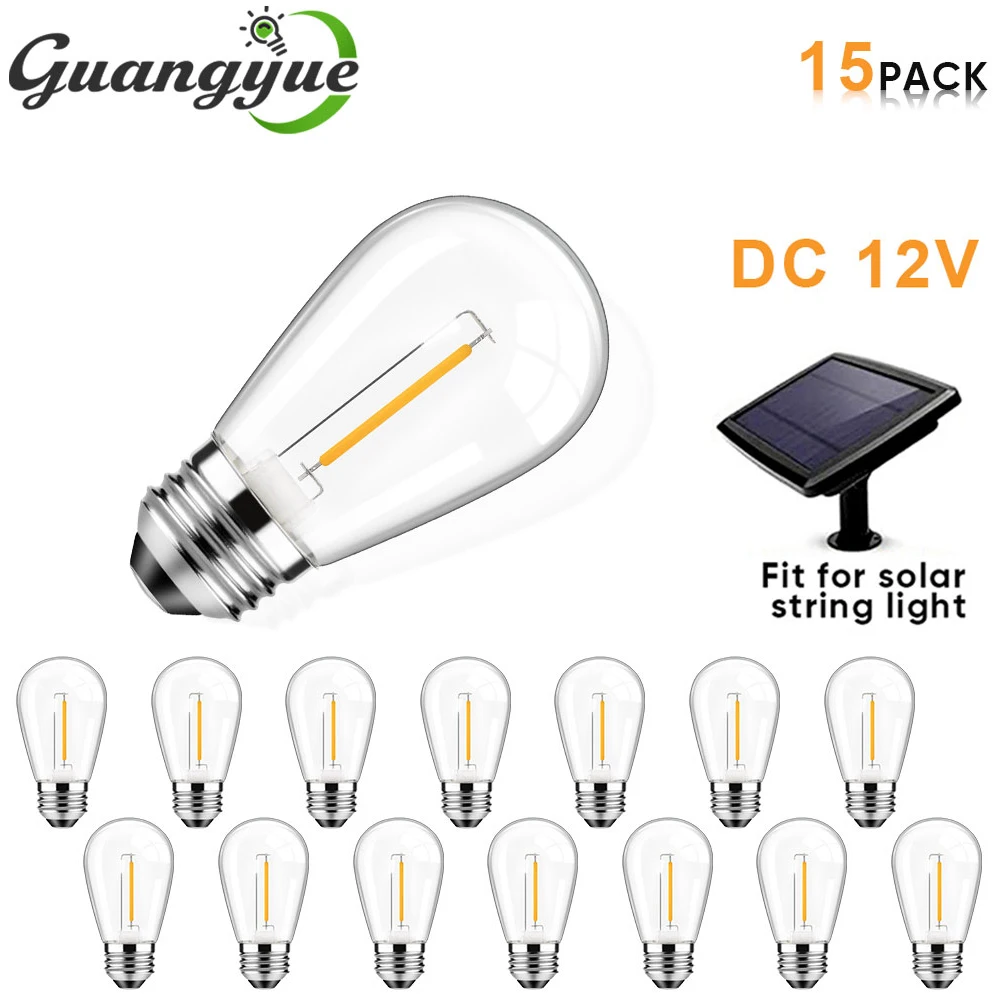Solar String Light Bulb Replacement DC 12V Low Voltage Shatterproof LED Bulbs S14 E27 1W 2W Edison Filament Lamp Bulbs 2700K