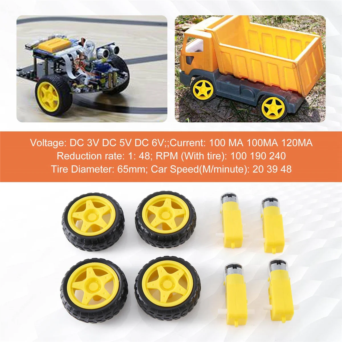 4 Pcs For Arduino Smart Car Robot Plastic Tire Wheel with DC 3-6V Gear Motor 6
