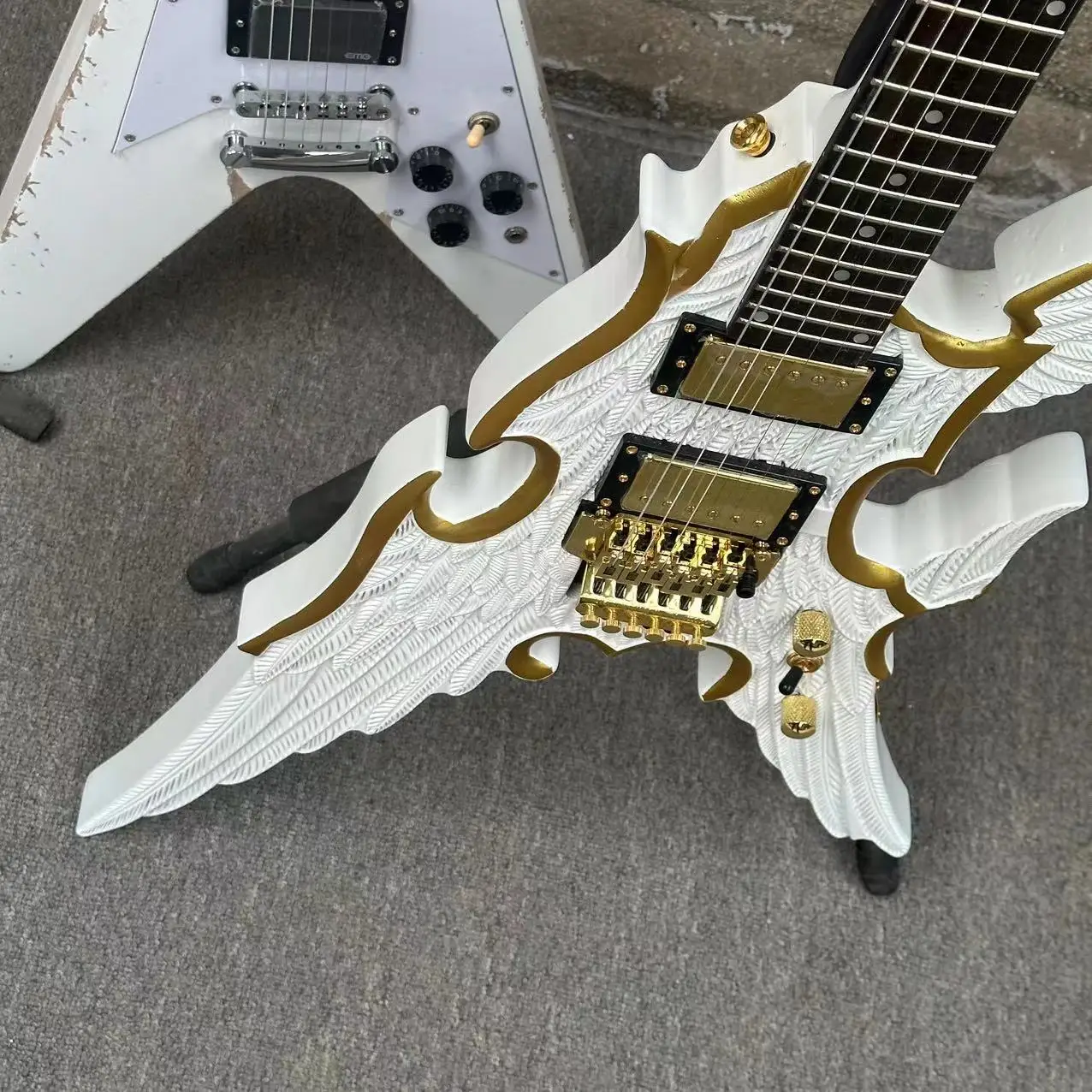 Engraved Angel Wings 6-S Electric Guitar HH White Body with Gold Parts Fast