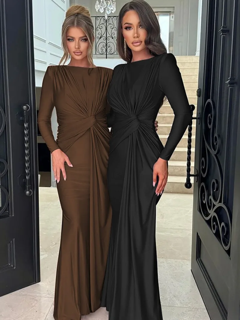 Elegant O-neck Long Sleeve Folds High Waist Bodycon Black Evening Party Dresses Women's Luxury Formal Occasion Prom Dress Gowns 3