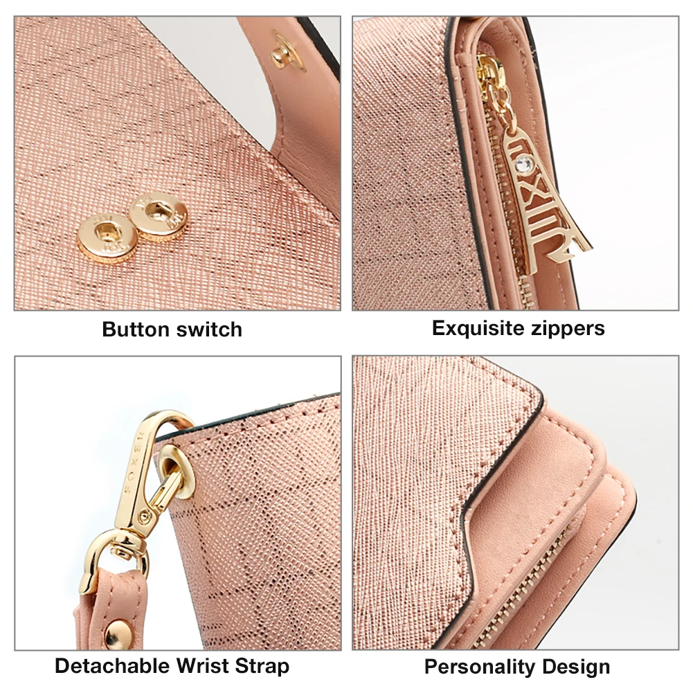 FOXER Women Cowhide Leather Wallets Long Bifold Wallet Clutch Cellphone Bag with Wristlet Quality Card Holder Zipper Coin Purse