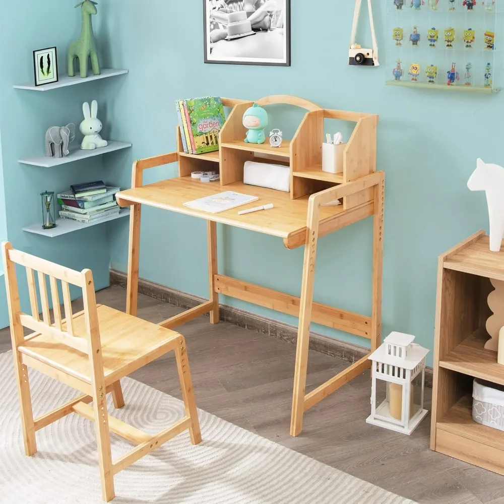 Kids Desk and Chair Set, Height Adjustable Bamboo Desk with Storage Hutch, Student Writing Computer Workstation for Bedroom 6