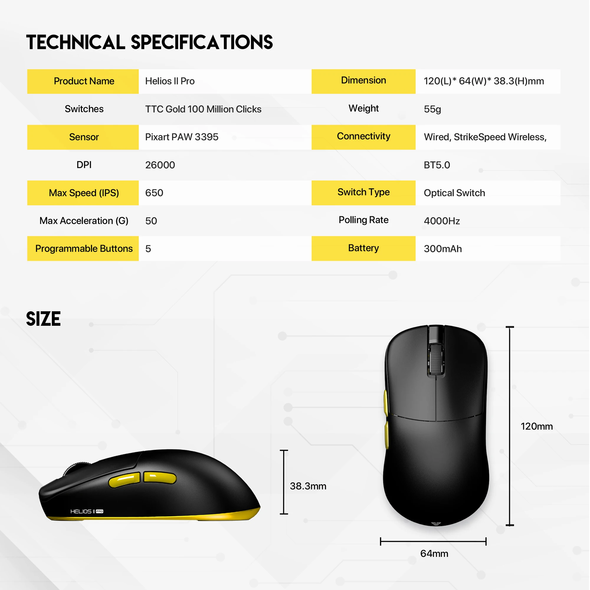 FANTECH 게이머용 게이밍 마우스, HELIOS II PRO XD3v3, 유무선 마우스, PIXART 3395, 4K TTC 골드 스위치, 26000DPI, 55g