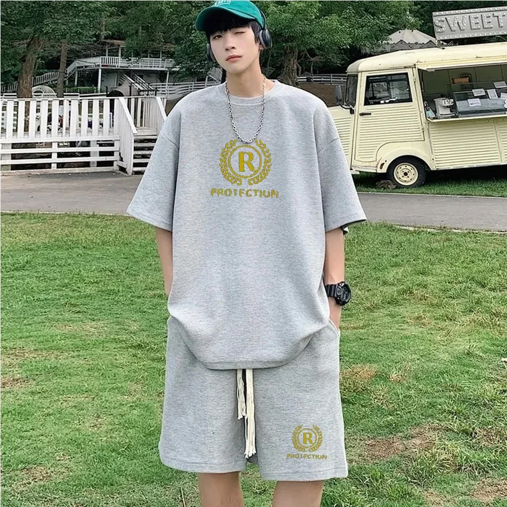 thumbnail image 1 of Conjunto de verano para hombre, camiseta con estampado de gofres, pantalones cortos, traje, diseño de marca elegante, pantalones deportivos de moda, conjunto de 2 piezas, 1 of 5