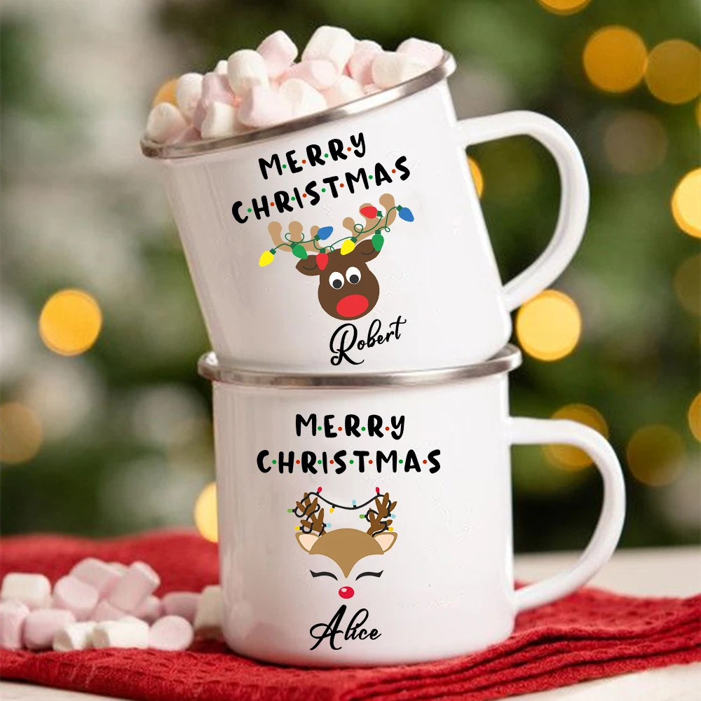 

Personalized Deer Creative Mugs Custom Name Coffee Dessert Milk Cup Enamel Mug Handle Drinkware Christmas Gifts for Kids Friends