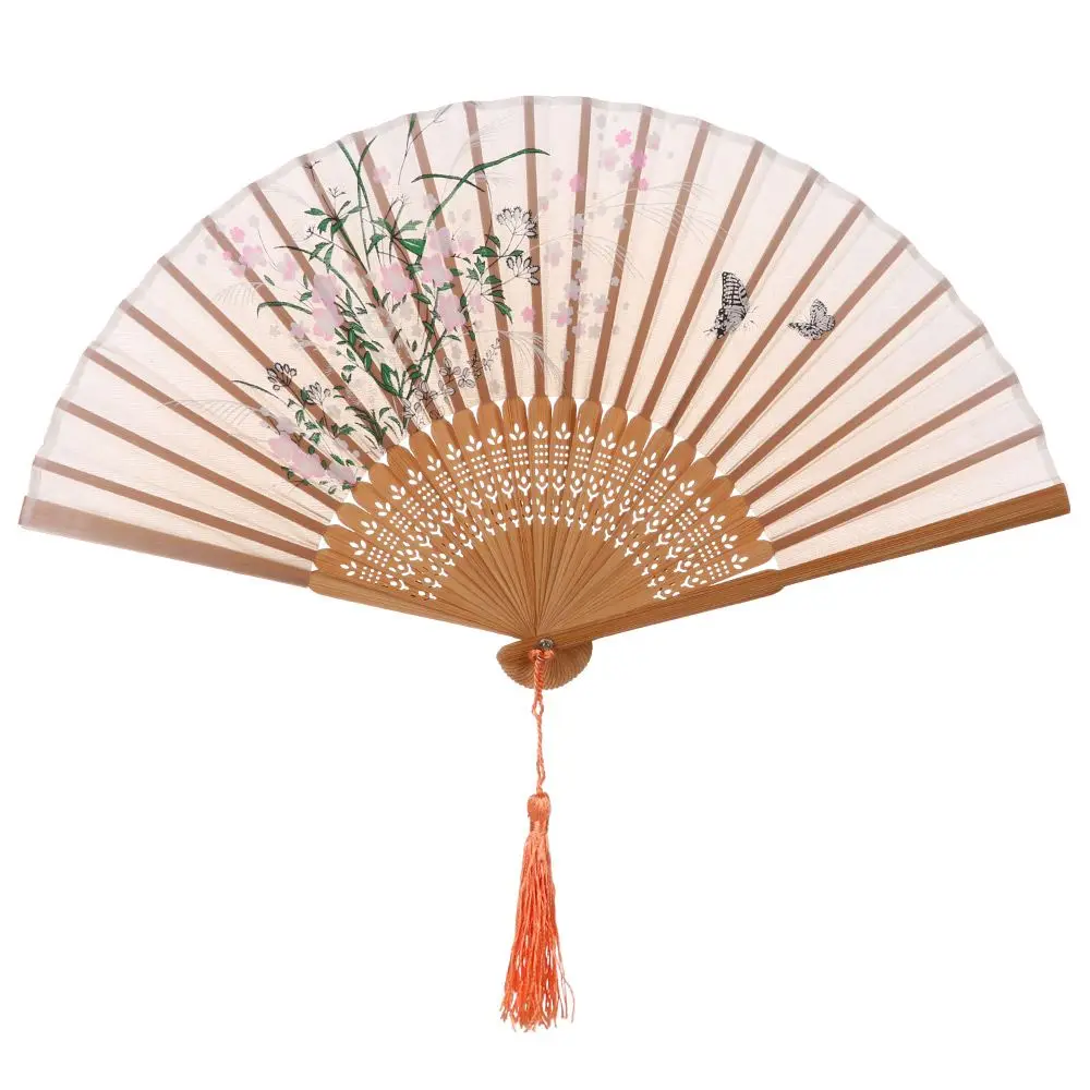 Elegant Vintage-Style Bamboo Silk Hand Fan with Colorful Tassel