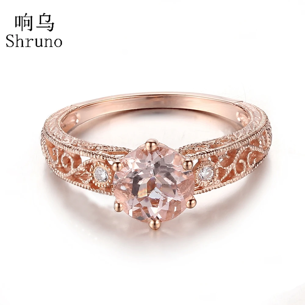 

Shruno Solid 14K Rose Gold Flawless Round Natural Morganite Genstone Ring For Women Diamonds Engagement Vintage Trendy Jewelry