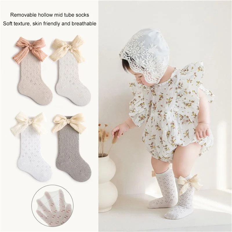 

Baby Girls Breathable Long Stockings Princess Hollow-Out Mesh Big Bowknot Toddler Socks Summer Cute Knee-High Socks