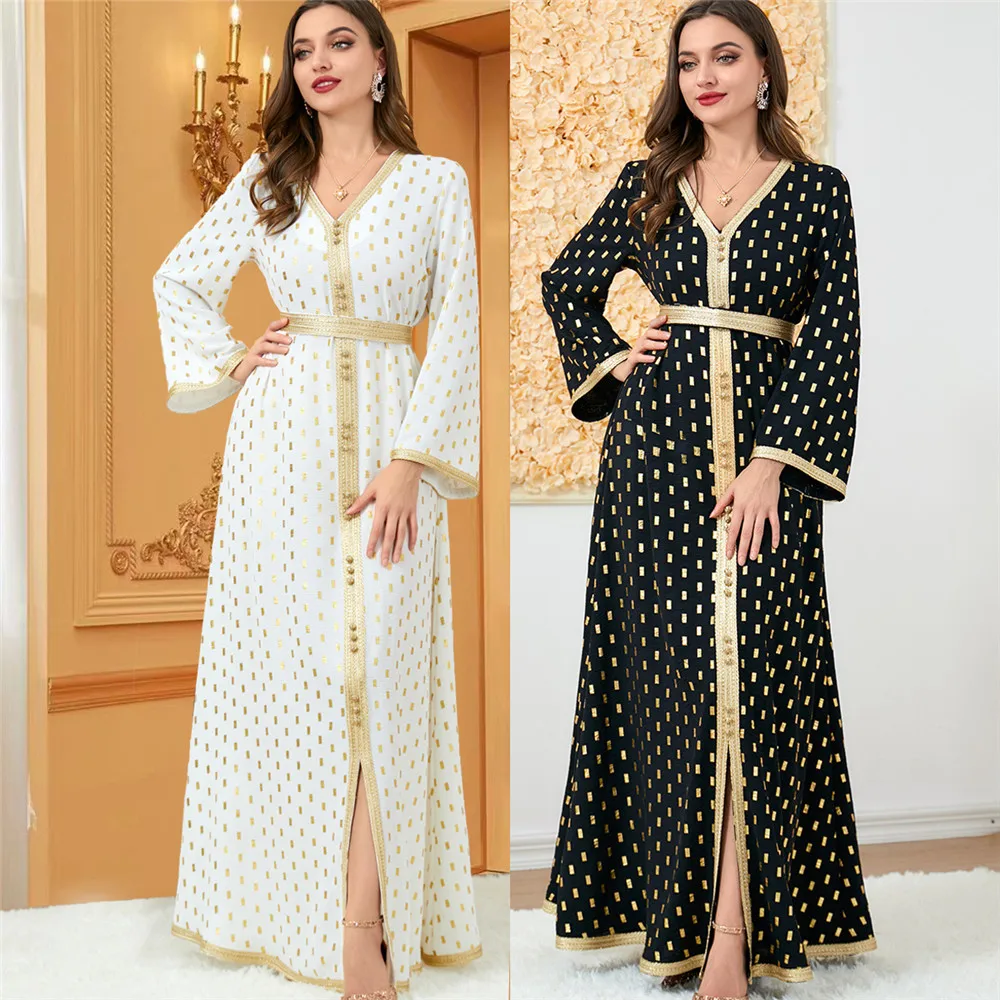 

Women Polka Dot Long Sleeve Dress Dubai Belts Party Robe Loose Maxi Dress Muslim Kaftan Sundress Moroccan Jalabiya Abaya Gown
