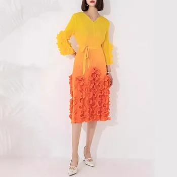 Miyake Pleated Dress Women's 2024 Summer New Gradient V-neck Short-sleeved Fungus Edge Waist-tie Loose Large Size Long Skirt 1