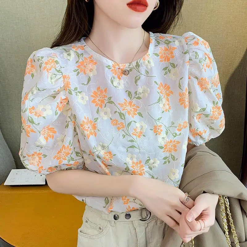 Fashion O-Neck Printed puff sleeve Floral Blouses Female Clothing 2024 Summer Loose All-match Tops sweet short Sleeve Shirts
