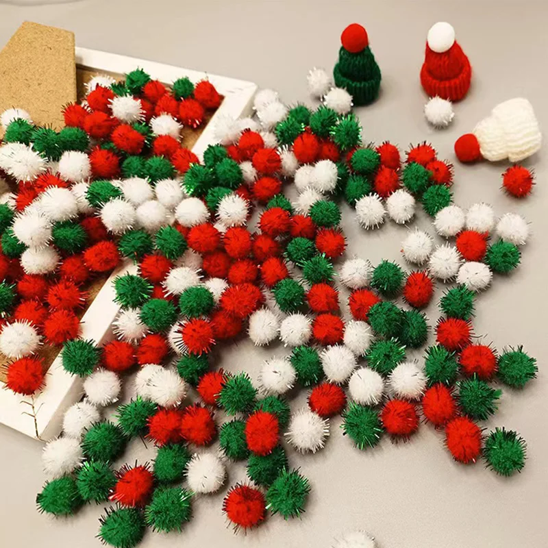 Glitter Pompom Fluffy Plush Balls for Christmas Decoration 100PCS with pom poms craft supplies,fluffy ball accessories,doll handmade accessories,craft supplies