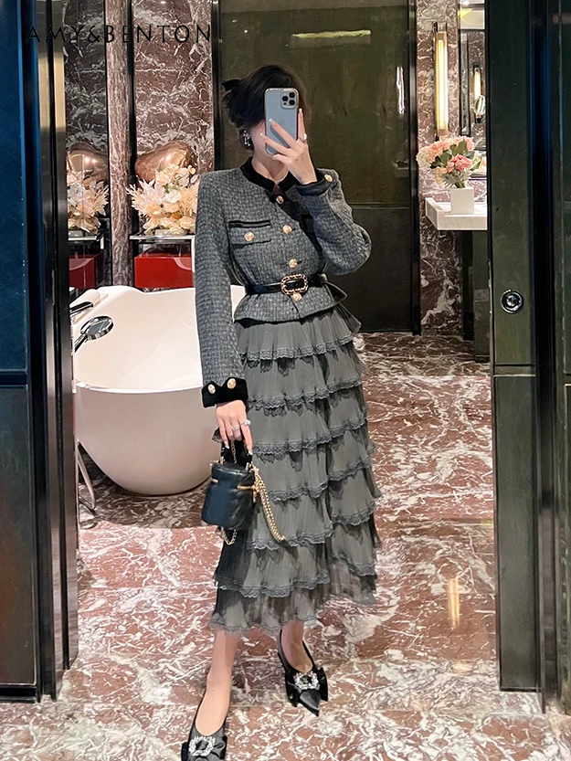 

Socialite Elegant Outfits Women Belt Slim-Fit Round Neck Short Coat + Mid-Length Multi-Layer Skirt Cinjunto De Dos Piezas Mujer