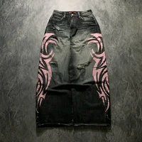 Jean imprimé totem chiné pour hommes, Style américain, vieux délavé, jambes larges, rétro, ample, tendance, jambes larges, pantalon gothique Y2K unisexe 1