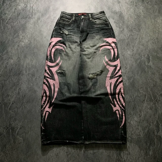 Jean imprimé totem chiné pour hommes, Style américain, vieux délavé, jambes larges, rétro, ample, tendance, jambes larges, pantalon gothique Y2K unisexe 1