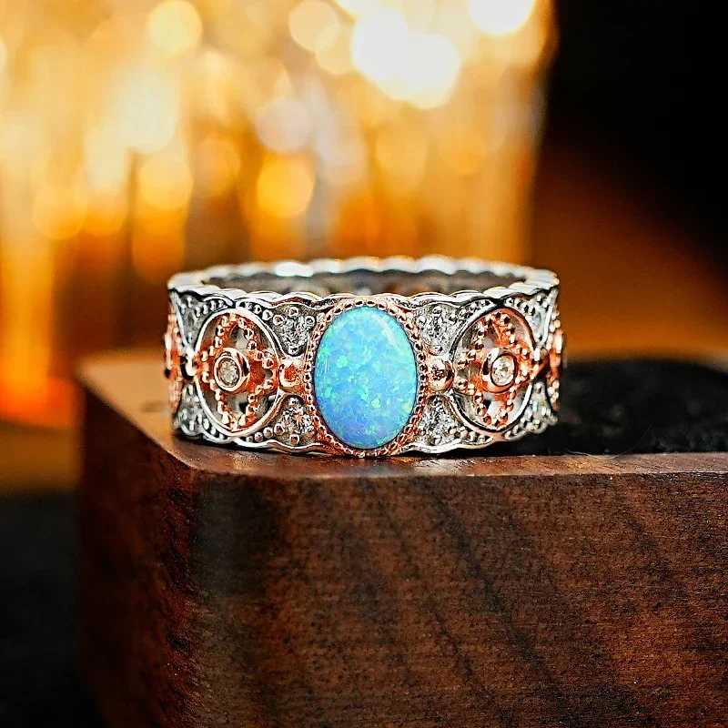 

New Medieval Style Australian Royal Blue Opal 925 Silver Hollow Lace Ring Set, Versatile and Retro Style