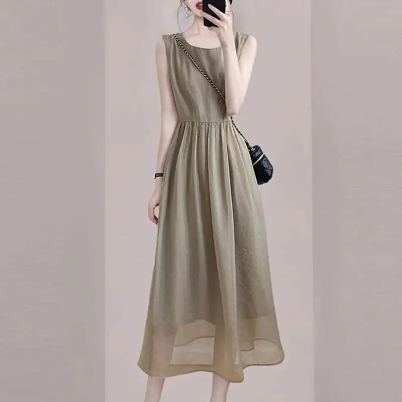 

Fashion O-Neck All-match Shirring Solid Color Sleeveless Dress Women's Clothing 2024 New Loose Office Lady Midi Dress