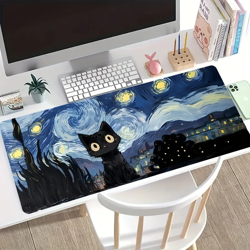Starry Night mouse pad with cute black cat, study and office use, office accessories, rectangular workstation pad - durable, wat 4