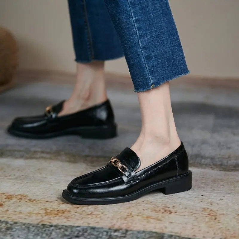 2024 NEW English Style Spring Split Leather Women Shoes Casual Slip-On Loafers Square Toe Chunky Heel Shoes Woman Pumps Handmade