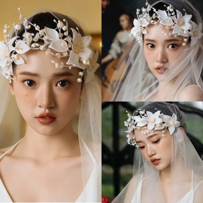 

A2ES Unique Bridal Headband Flower Bridal Veil Elegant Tulle Veil Headpieces Bride Headwear Suitable for Various Hairstyles