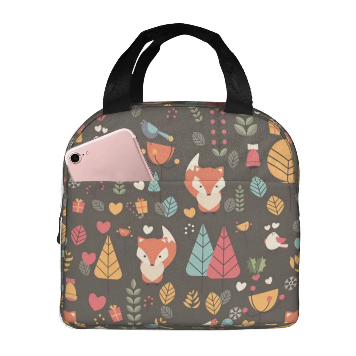 

Christmas Fox Portable Insulated Oxford Lunch Bag Reusable Lunch Box Lunch Organizer Thermal Cooler Tote Bag