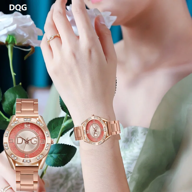 

Новые роскошные золотые часы ведущей марки DQG для женщин, модный подарок, женские наручные часы со стальным ремешком, кварцевые часы без выцветания, женская мода