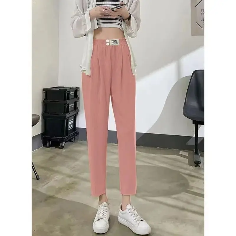 2024 Summer New Commuter Solid Color Elasticized High-waisted Button Epaulet Thin Loose Casual Harlan Women's Silk Sports Pants