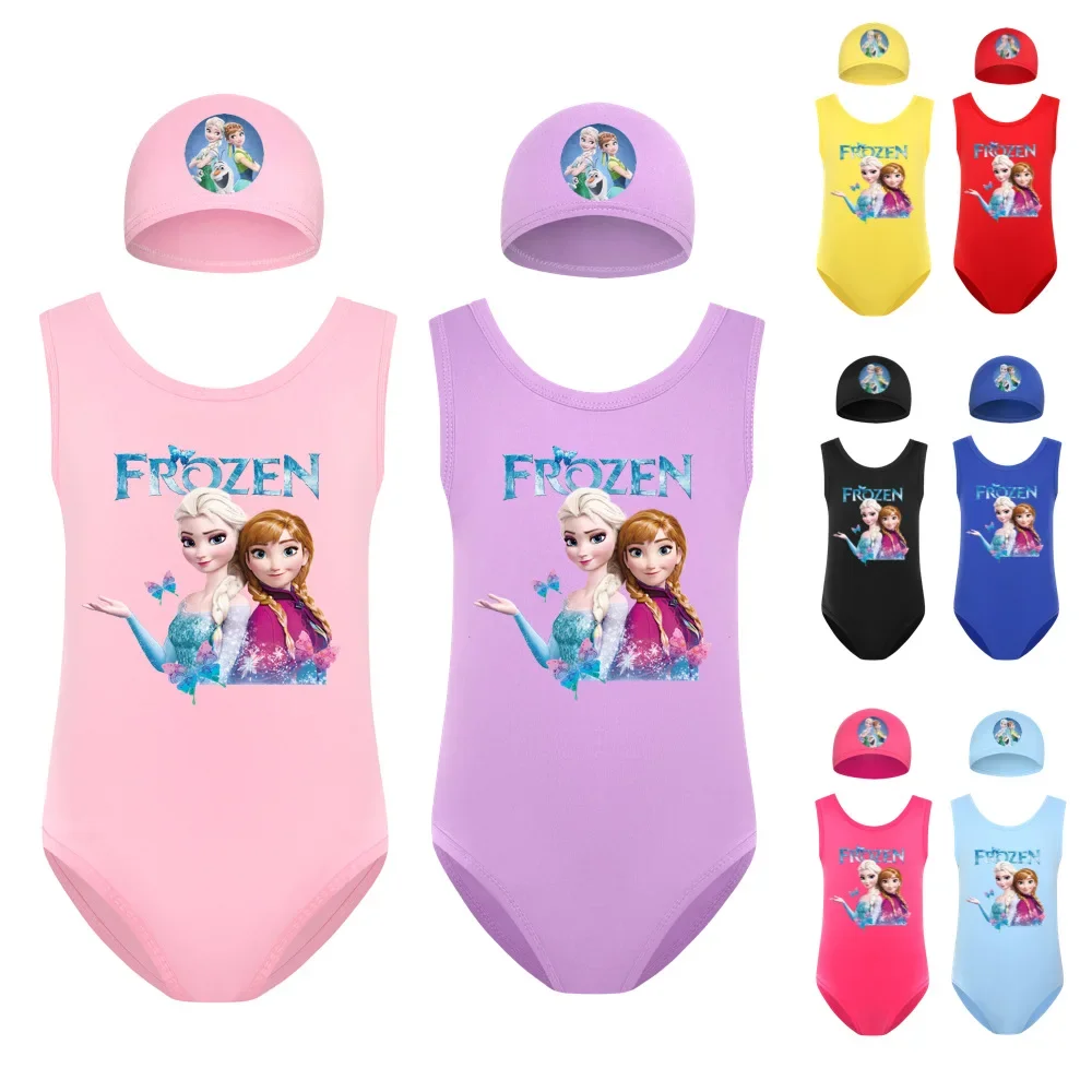 Girls One Piece Swimsuit Swimwear Bathing Suit Cartoon Frozen Anna Elsa Kid Sport Swimsuit Swimming Cap 2 Pcs/Set Baby Beachwear