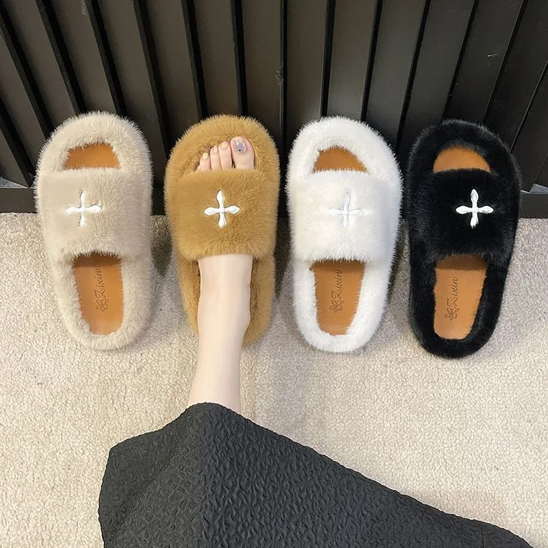 

SLTNX Autumn and Winter Wear Cross Flower Woolly Slippers Non-slip Thick Sole Cotton Drag Women Lazy Shoes Fashion and Comfort