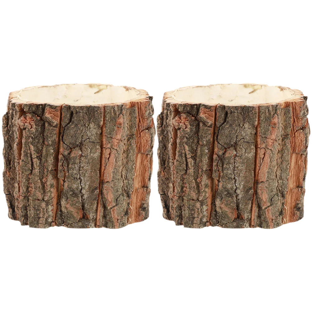 

2 Pcs Bark Flower Bucket Pots Outdoor Wood Stump Small Plant Farmhouse Potted Wooden Buckets