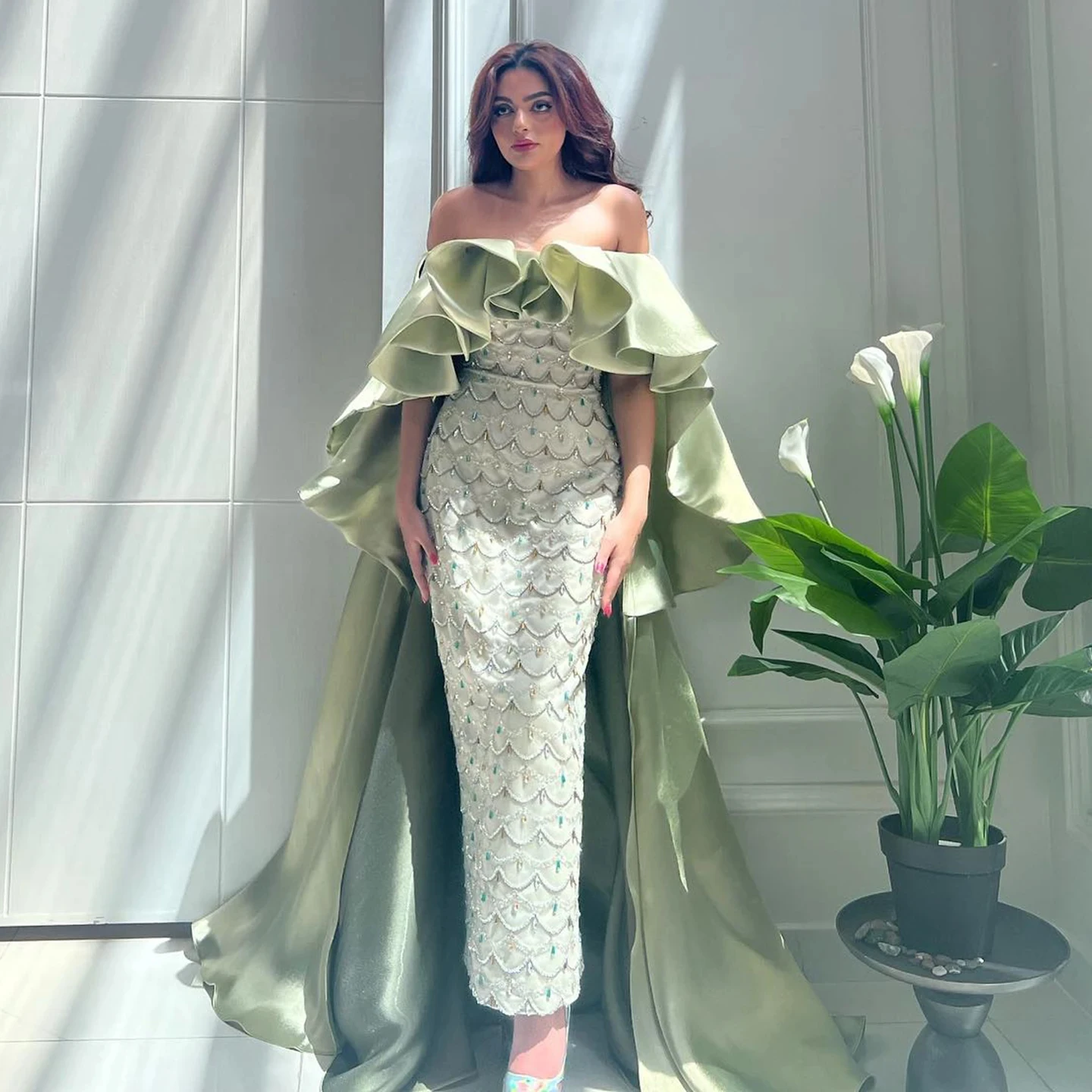

Jancember Saudi Arabia Sage Green Luxury Dubai Evening Dresses with Cape Lilac Beaded Women Wedding Party Dress SZ383