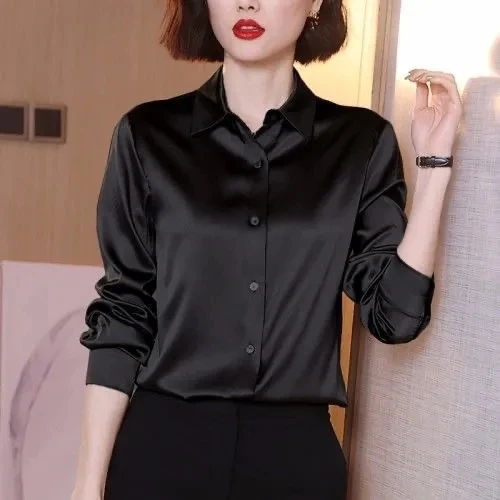 Brand Quality Luxury Women Shirt Elegant Office Button Up Long Sleeve Shirts Momi Silk Crepe Satin Blouses Business Ladies Top black