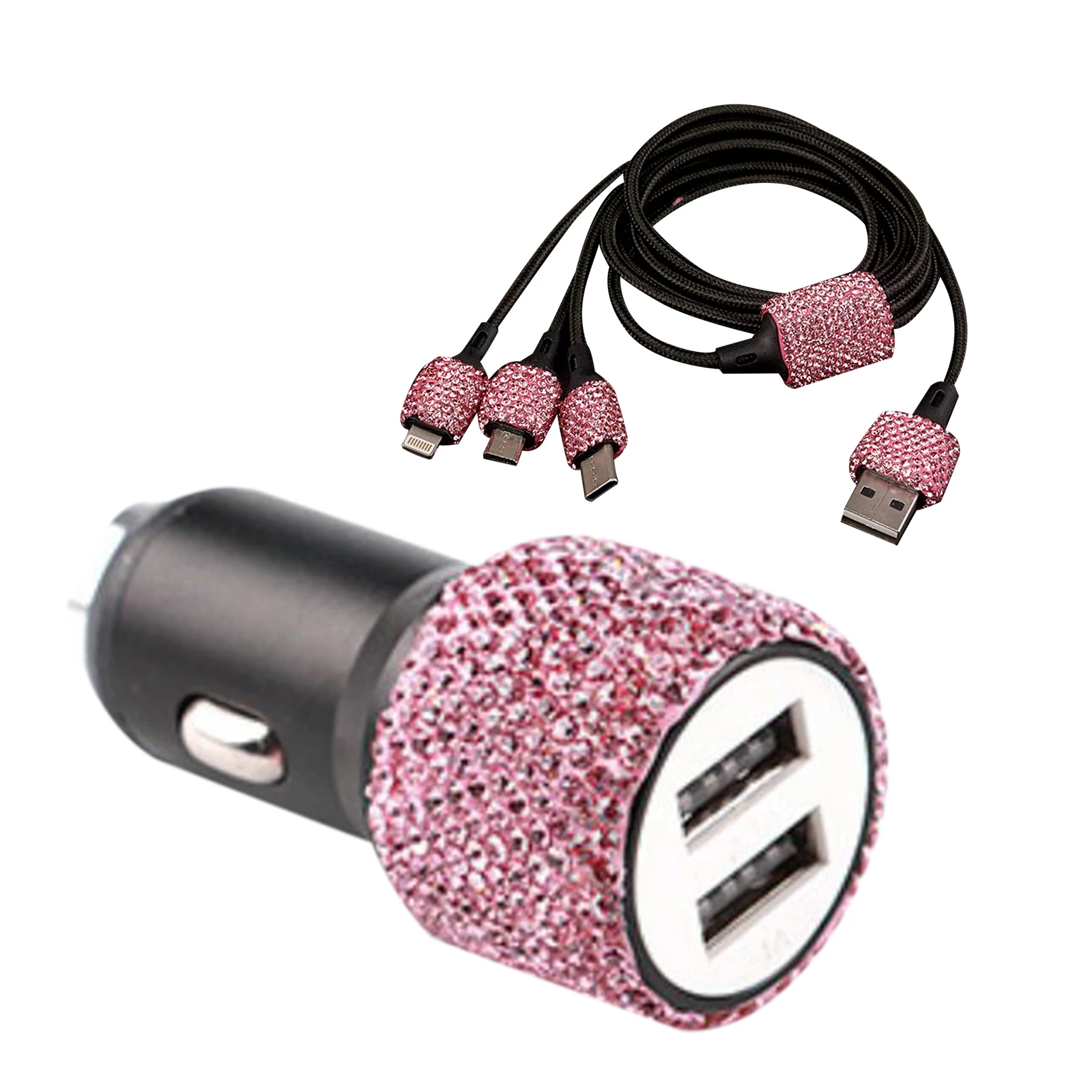  Bling - Cargador de coche doble USB con cable de carga rápida 3  en 1, adaptador de cargador de doble puerto con cable micro USB tipo C para  iPhone, Android, accesorios