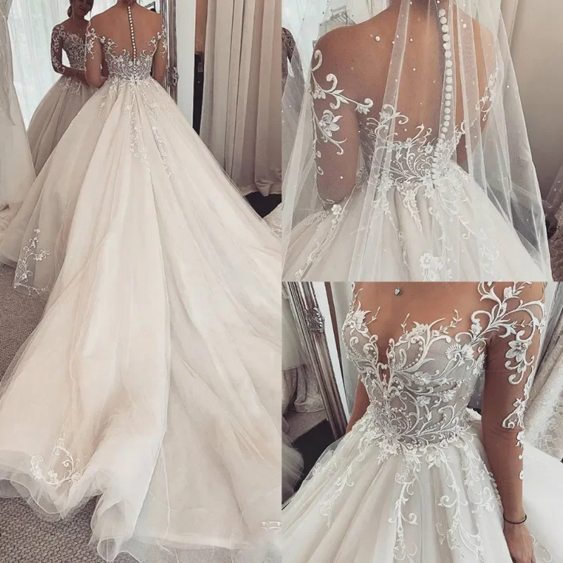 

Gorgeous Wedding Dress Pearls Beading Sheer Long Sleeves Sexy Wedding Gowns Custom Made Illusion A-Line Tulle Bride Dresses