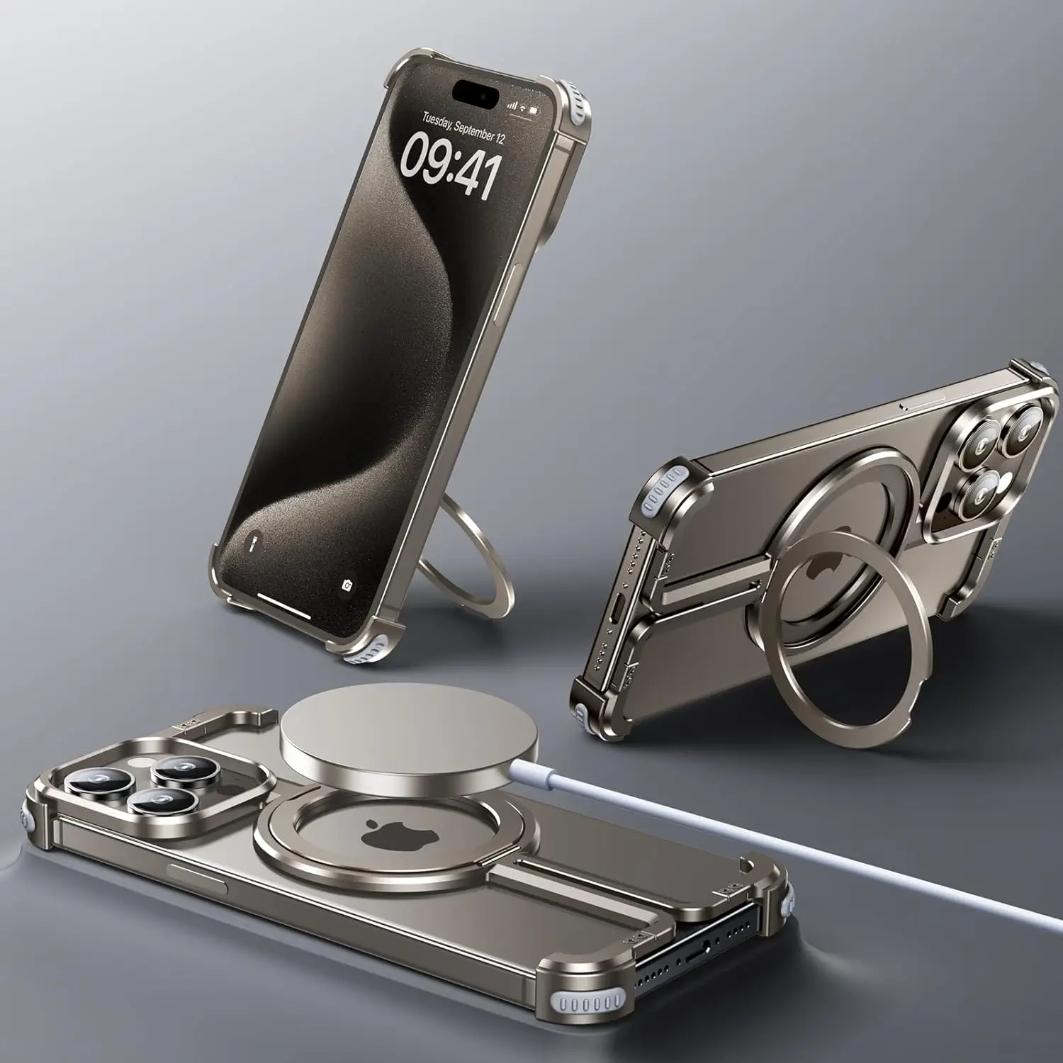 Natural Titanium Frameless Phone Case For iPhone 14 15 Pro Max Protective Shock Absorption Aerospace Grade Aluminum holder Cover