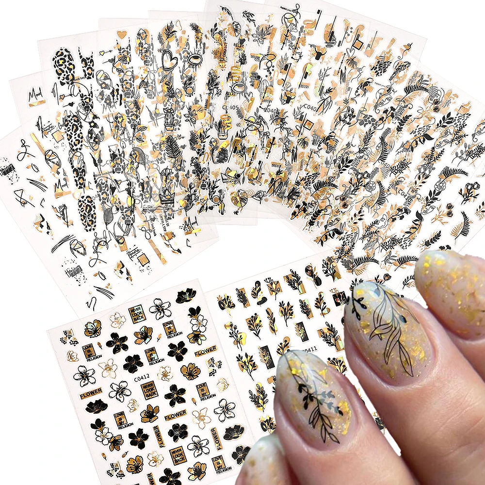 

1Sheet Gilded Leopard Print Nails Sticker Geometric Lines Self-Adhesive Slider 3D Bronzing Abstract Graffiti Decals Nail Decor*-