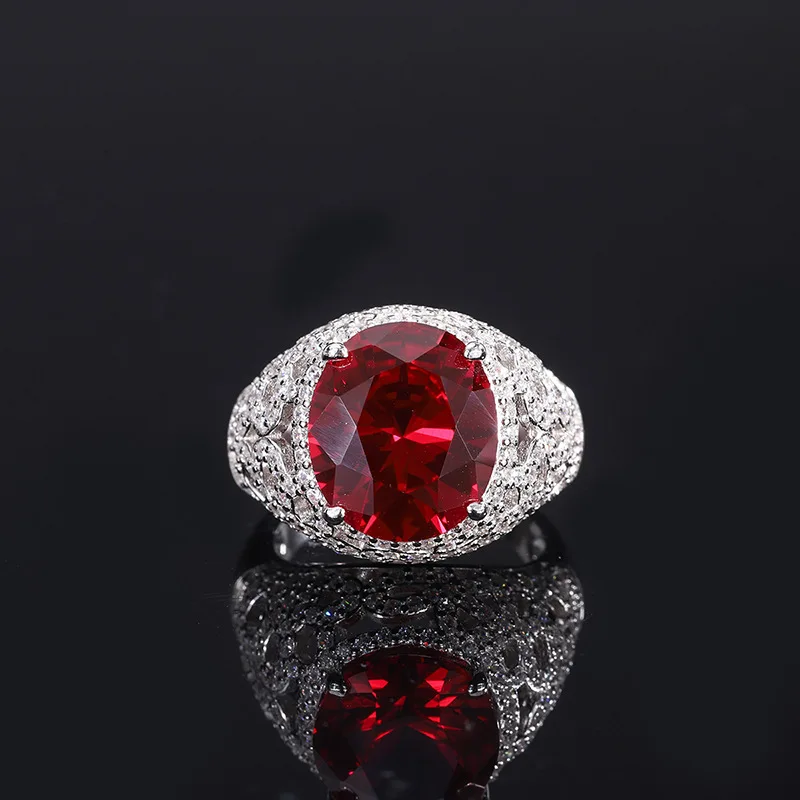 

New fashion trend S925 silver inlaid 5A zircon color treasure Tanzanian blue treasure pigeon blood red treasure ring