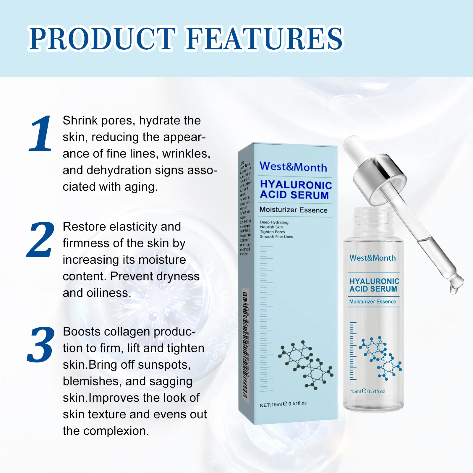 Hyaluronic Acid Facial Serum Fade Fine Line Wrinkle Shrink Pores Tightening Nourishing Deep Moisturizing Facial Skin Essence 2