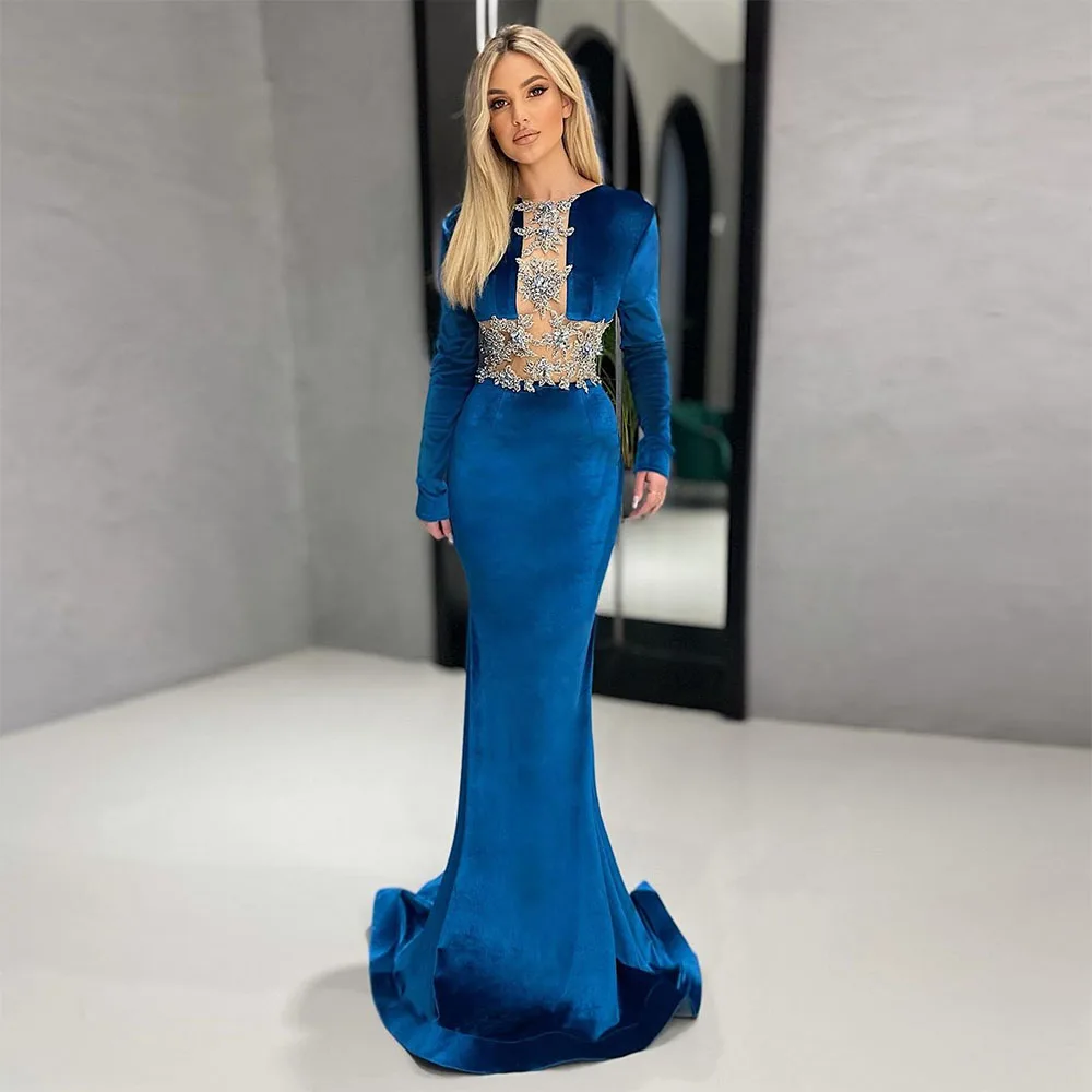 

2023 Royal Blue Velvet Mermaid Evening Dresses Crystal Beading Sequined Long Sleeve Flowers Formal Prom Gowns Vintage Women