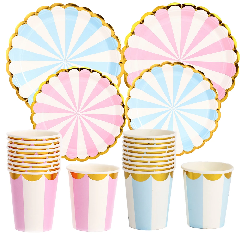 Pink Blue Stripe Dot Disposable Tableware Sets Paper Cups Plate Straws Fork Disposable Sets Wedding Birthday Party Decorations