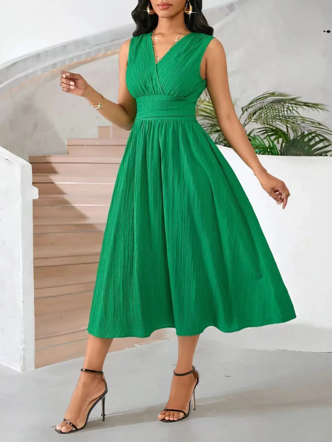 Long Sleeveless Summer Dress with Wave Pleats | Holiday & Party Dress - Image 5