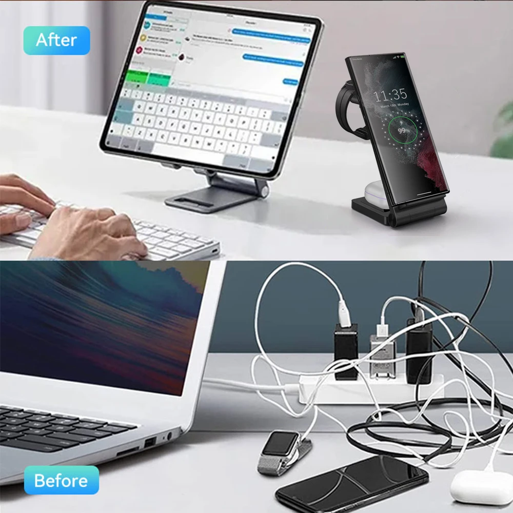 Support de charge sans fil 3 en 1, pour Samsung Watch 5 4 Active 2, Station de charge pour Galaxy S23 Ultra S22 S21 Z Flip Fold4 Buds Pro