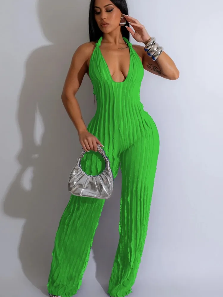 RDMQ 2024 Fashion Ruffles Women Halter Deep V-neck Backless Wide Leg Jumpsuit Sleeveless Chic Playsuit One Piece Suit Romper