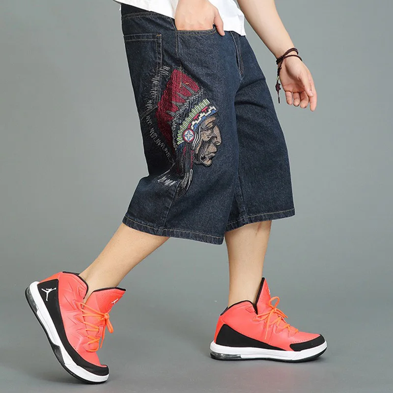 saferido Hip hop denim shorts American street style heavy industrial men's denim shorts New punk loose fitting fashion shorts Blue black